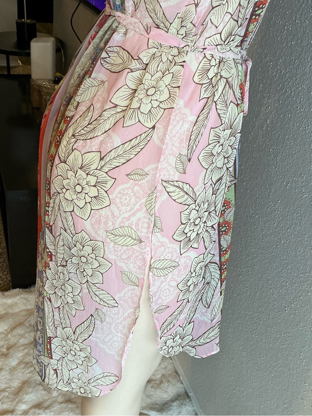 Rose + Olive Women’s Sheer Floral Swimsuit Cover-Up Belted Kimono with Side Slit - Picture 8 of 11